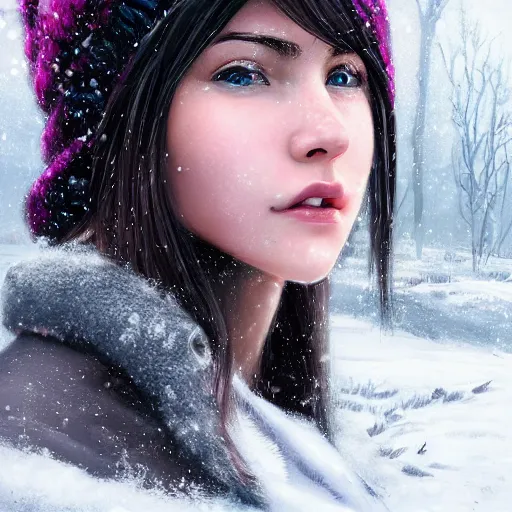 Image similar to a pink and black haired girl wearing a beanie in the snow, digital art, 8 k resolution, unreal engine, highly detailed, pretty face, very beautiful face, very detailed eyes, photorealistic by wlop, greg rutkowski