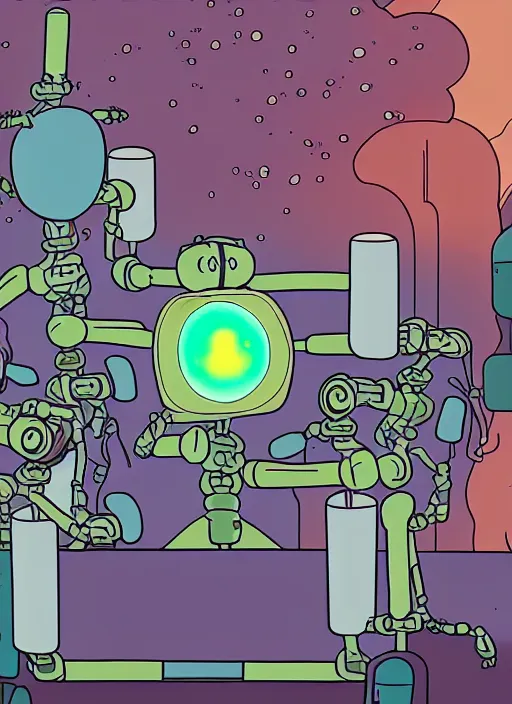 Image similar to an artificial intelligence in a robot exploding why studying how human hands look, rick and morty art style illustration, justin roiland, dan harmon, location is a science fiction planet