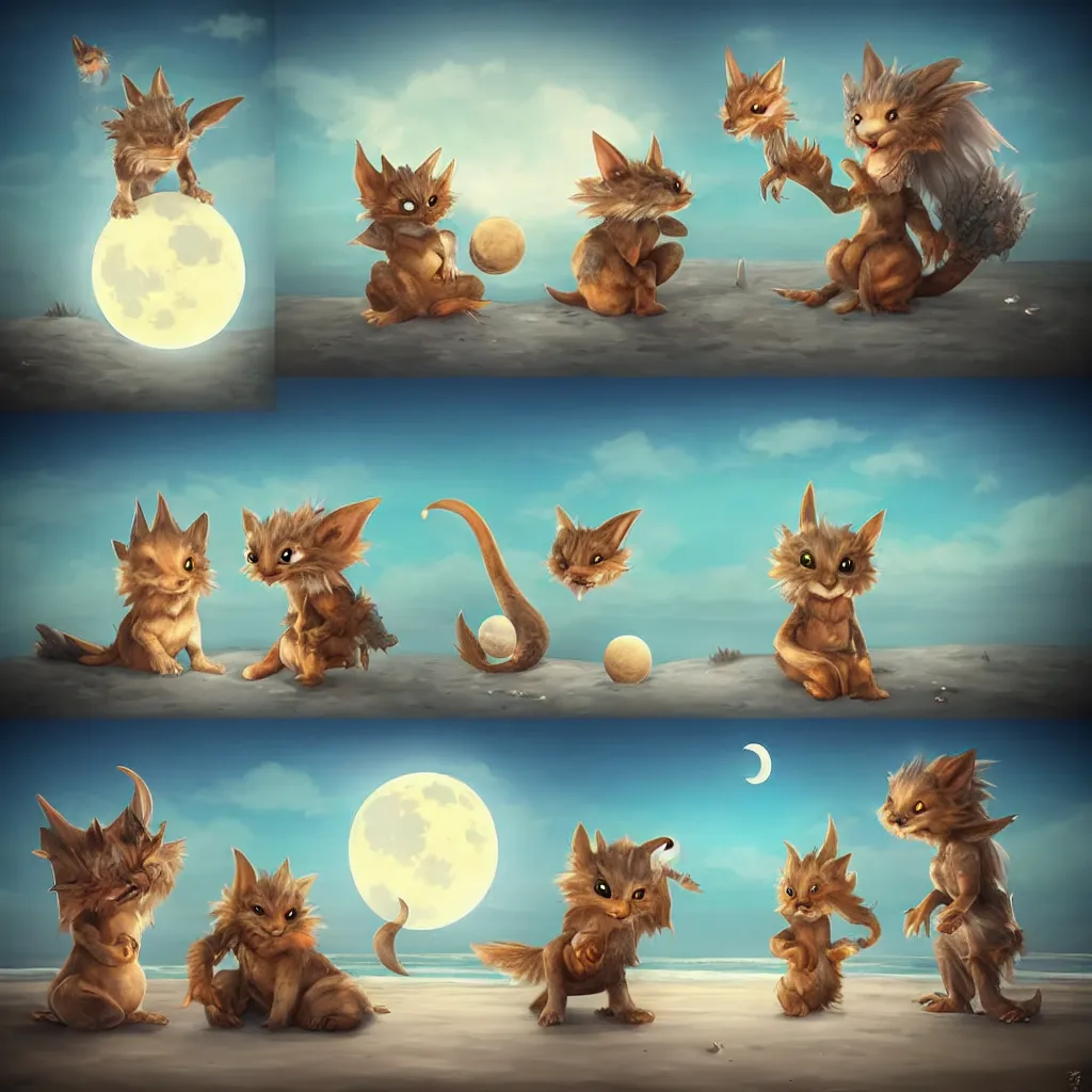 Image similar to cute fantasy critters at a beach looking at the moon, ultra realistic, concept art, highly detailed