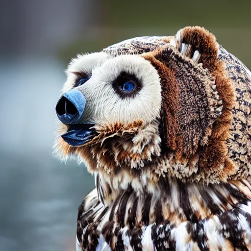 Image similar to a bear with a head of an owl, 8k, ultrarealistic, professional photography