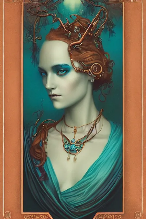 Prompt: Copper Crown with iridescent pearls and cyan jewels, other worldly, art nouveau, by Anato Finnstark, Tom Bagshaw, Brom