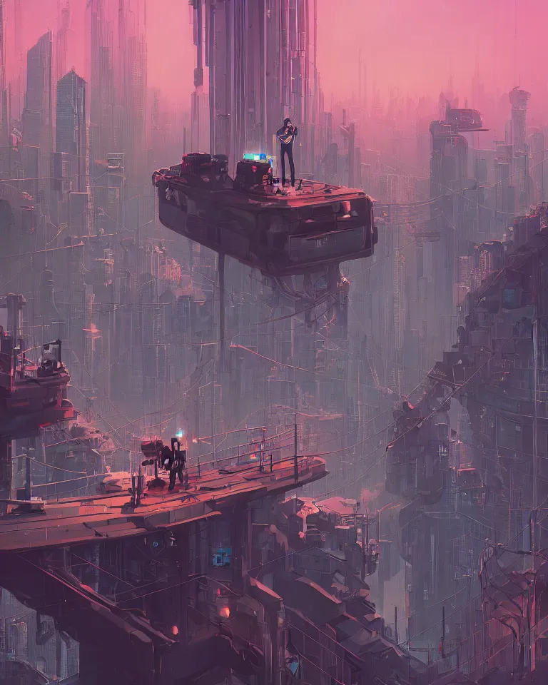 Image similar to a curly - haired persian guy standing on top of a bridge over a city, cyberpunk art by james gilleard, cgsociety, retrofuturism, synthwave, cityscape