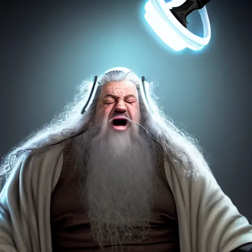 Prompt: obese Gandalf wearing a headset yelling at his monitor while playing WoW highly detailed wide angle lens 10:9 aspect ration award winning photography by David Lynch esoteric erasure head