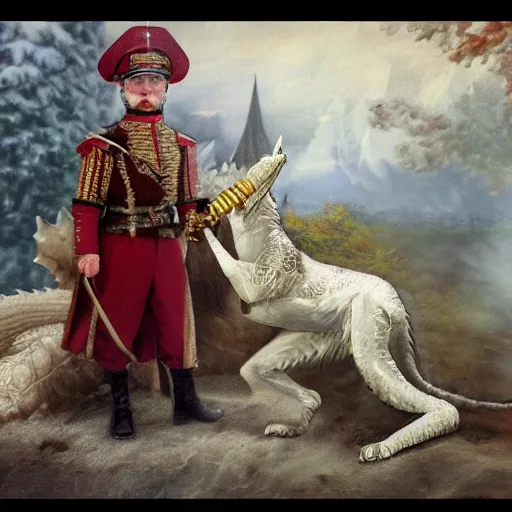 Prompt: Photo of Russian Tsar Nicholas 2 playing with dragon from game of thrones as a pet, photorealism,