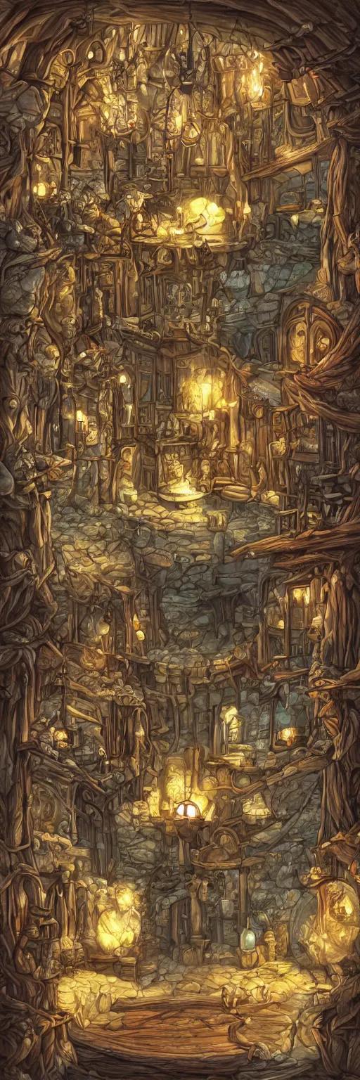 Prompt: Fantasy kingdom image in magic sphere of old cruel whitch in wooden house full of dark magic tools