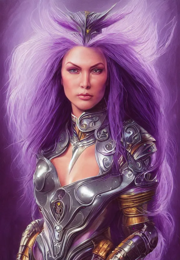 Prompt: perfectly centered portrait, front view of a beautiful woman in bionic amethyst armor, female, flowing purple hair, intense stare, stoic, symmetrical, concept art, intricate detail, volumetric shadows and lighting, realistic oil painting by tim hildebrandt, magic the gathering style,