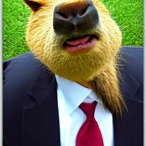 Image similar to capybara head, a man wearing a suit capybara head