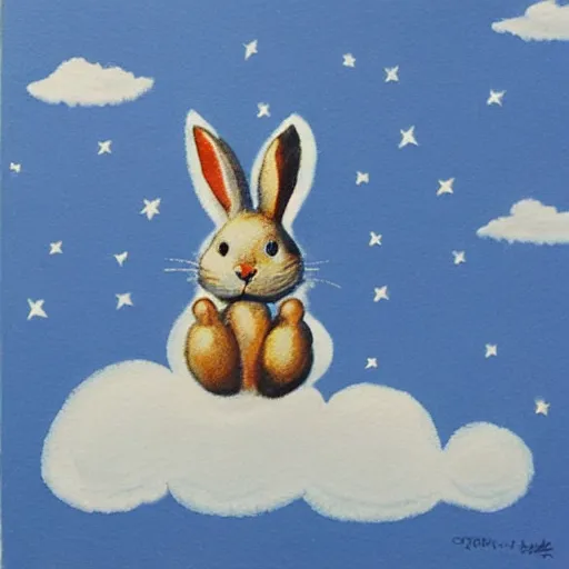 Prompt: bunny wearing boots flying in the clouds