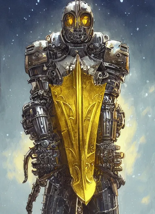 Prompt: dynamic portrait of a intricate glorious holy mechanical warforged character in yellow armor holding a paladin engraved great longsword and carrying a big paladin shield, spotlight from face , epic , trending on ArtStation, masterpiece, cinematic lighting, by Jesper Ejsing and by Philippe Druillet and by Yoann Lossel