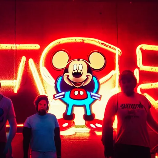 Image similar to a group of people standing around a giant bloody wounded head of mickey mouse, neon netflix logo, cyberpunk art by david lachapelle, cgsociety, sots art, dystopian art, reimagined by industrial light and magic, dark obscure neon concept art