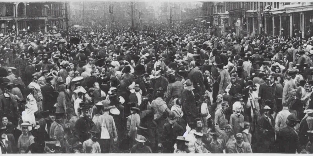 Image similar to scary unproportionable tall ghost creature in the middle of a crowd, 1900s picture