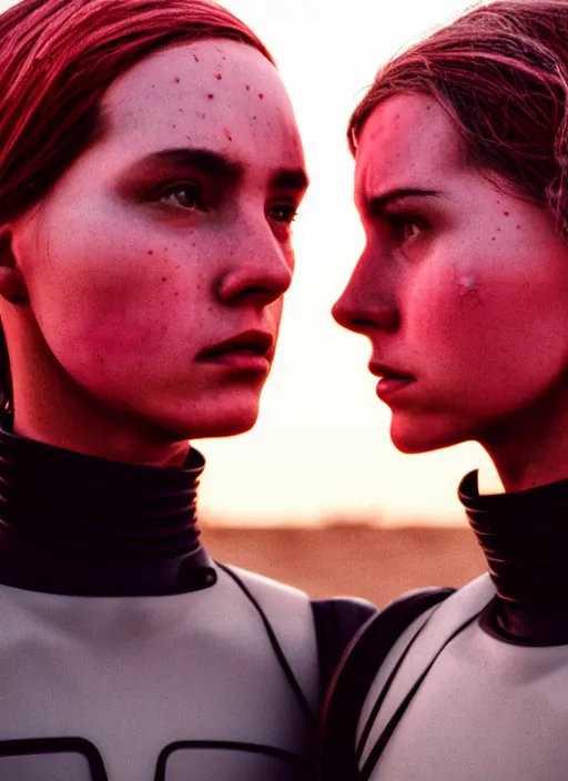 Prompt: cinestill 5 0 d photographic portrait of two loving female androids wearing rugged black mesh techwear on a desolate plain with a red sky, extreme closeup, cyberpunk style, garters, dust storm, 8 k, hd, high resolution, 3 5 mm, f / 3 2, ultra realistic faces, ex machina