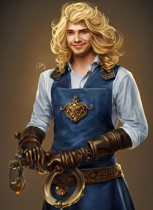 Image similar to a highly detailed illustration of long wavy bright blonde haired effeminate boy wearing blue blacksmith apron and iron mechanical arms, blue eyes, dramatic smiling pose, intricate, elegant, highly detailed, centered, digital painting, artstation, concept art, smooth, sharp focus, league of legends concept art, wlop