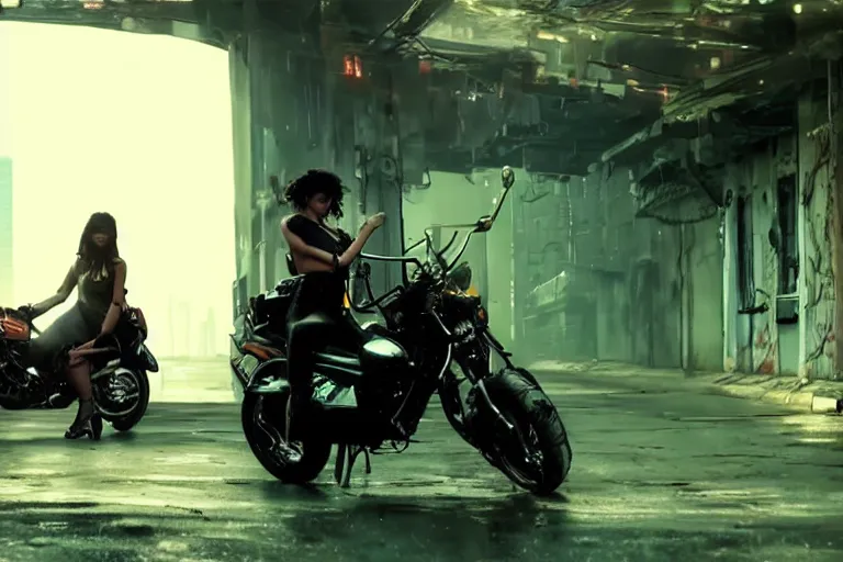 Image similar to cinematography of beautiful cyberpunk woman on motorcycle by Emmanuel Lubezki