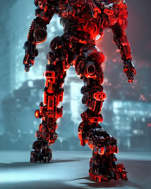 Image similar to a full body shot of an imposing cyborg ( bull ) modeled after a bull looking into the camera, android, cyborg, full body shot, red, intricate, 3 d, hyper realism, symmetrical, octane render, strong bokeh, fantasy, highly detailed, depth of field, digital art, artstation, concept art, cinematic lighting, trending