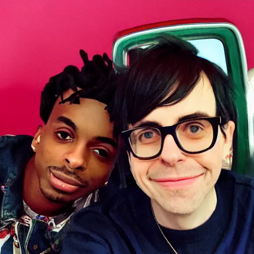 Image similar to A selfie of Playboi Carti and Rivers Cuomo from Weezer