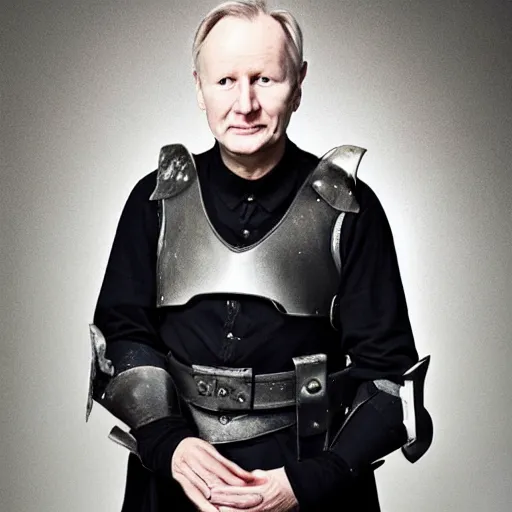 Prompt: an elderly stellan skarsgard poses for a portrait, he has long grey hair and beard, wearing black armor and holding sword