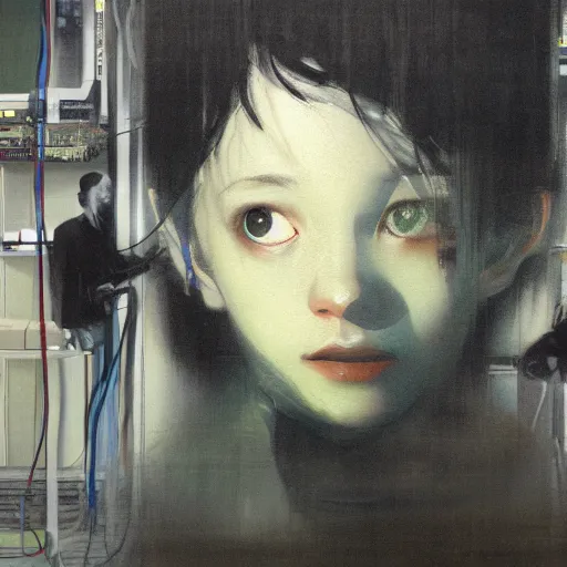 Image similar to portrait of lain iwakura connected to a room full of cables computers and displays by ruan jia and joao ruas. atmospheric