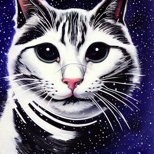 Prompt: a painting of a black and white cat in a cosmic scenic environment by sandra chevrier, hyperdetailed, beautiful, stars, planets, nebula, trending on artstation