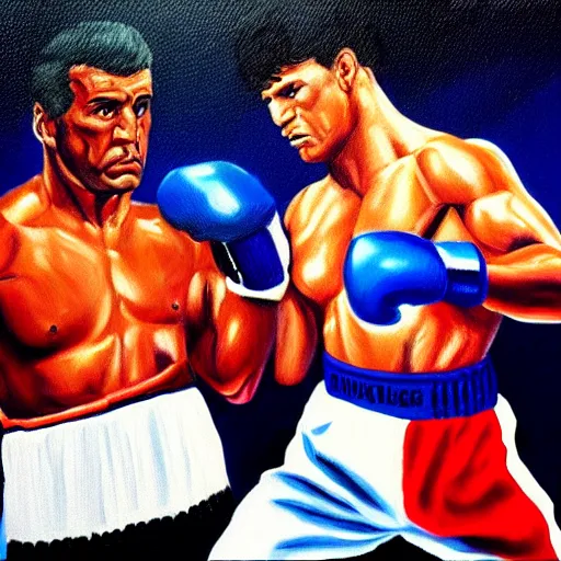 Prompt: rocky i fighting rocky iv oil painting