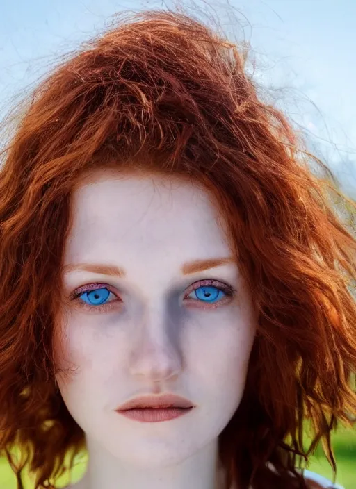 Image similar to close up portrait photograph of a anesthetic beautiful!!! thin young redhead woman with russian descent, sunbathed skin, with deep blue round!! Symmetrical!! eyes. Wavy long maroon colored hair. she looks directly at the camera. Slightly open mouth, face takes up half of the photo. a park visible in the background. 55mm nikon. Intricate. Very detailed 8k texture. Sharp. Cinematic post-processing. Award winning portrait photography. Sharp eyes.