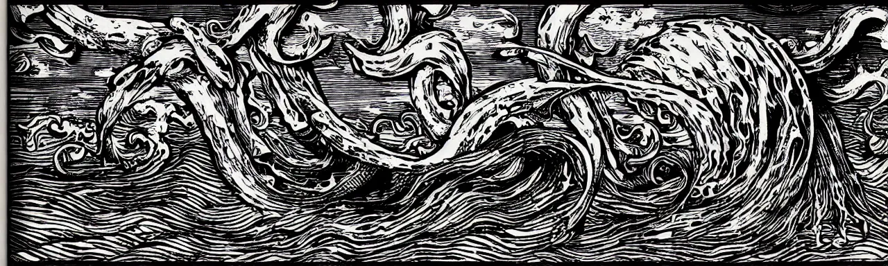 Prompt: Elaborate wallpaper print of Giant Squid in the Waves in the style of Albrecht Durer and Martin Schongauer, high contrast finely carved woodcut black and white crisp edges