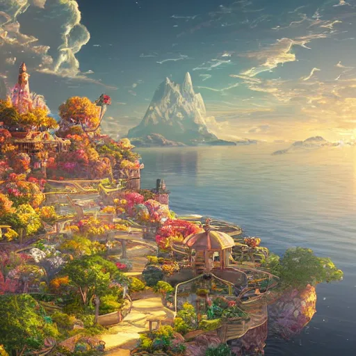 Image similar to the aesthetic view of the beautiful, grand, wistful, dreamy lonely island at dusk, hyperrealistic anime illustration by iralki nadar, colorful, extremely detailed, intricate linework, super sharp focus, bright colors, octopath traveler, studio ghibli, unreal engine 5 highly rendered, global illumination, radiant light, detailed and intricate environment