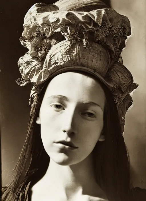 Image similar to portrait of young woman in renaissance dress and renaissance headdress, art by imogen cunningham