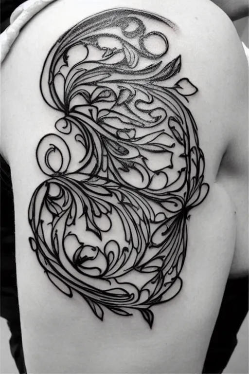 Prompt: mirrored delicate minimalist art nouveau shoulder tattoo, intricate detail, clean lines
