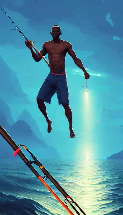 Prompt: highly detailed portrait of one athletic modern jamaican man fishing with a magical glowing fishing rod weapon, ocean background, unreal engine, fantasy art by greg rutkowski, loish, rhads, makoto shinkai and lois van baarle, ilya kuvshinov, rossdraws, tom bagshaw, global illumination, radiant light, detailed and intricate environment