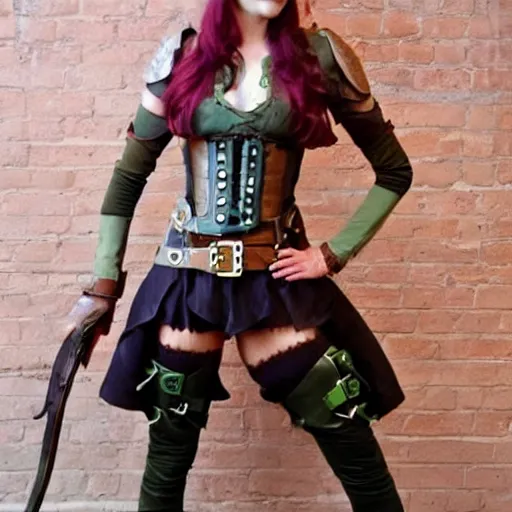 Prompt: full body photo of a cute skinny woman as a steampunk amazon warrior,