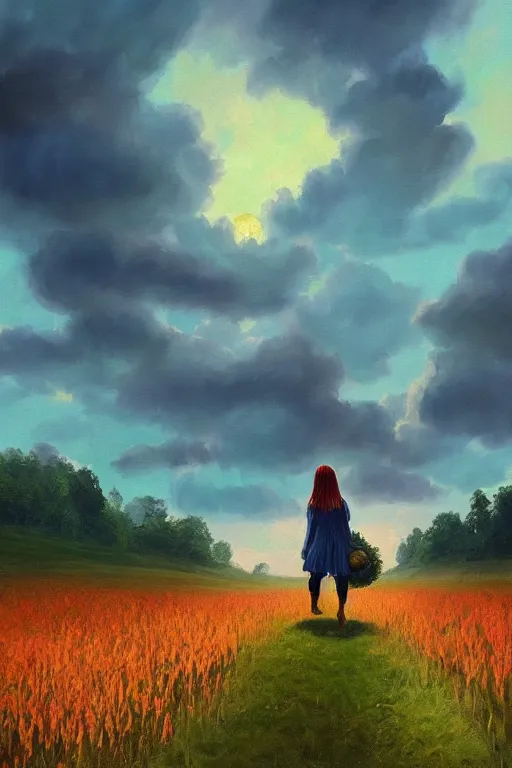 Image similar to giant corn flower head, girl walking in a green valley, surreal photography, sunrise, dramatic light, impressionist painting, colorful clouds, digital painting, artstation, simon stalenhag