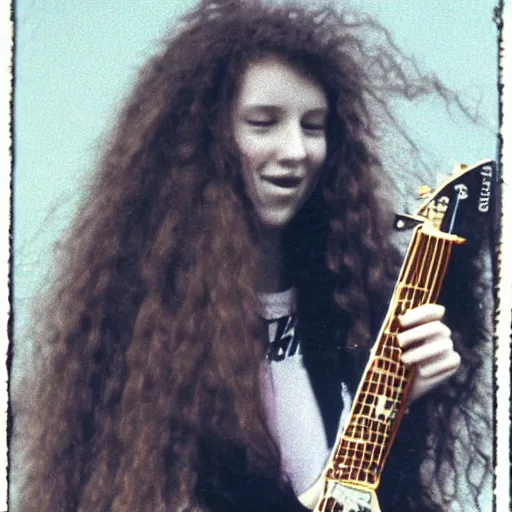 Image similar to 19-year-old woman holding electric guitar, long shaggy red hair, permed hair, stoner rock concert, grunge concert, 1993, VHS quality