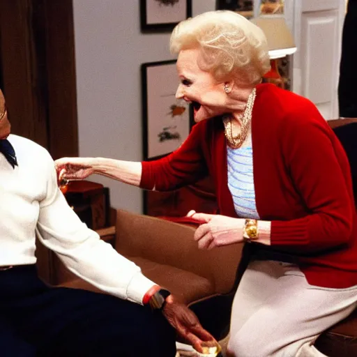 Prompt: bill cosby handing betty white a drink