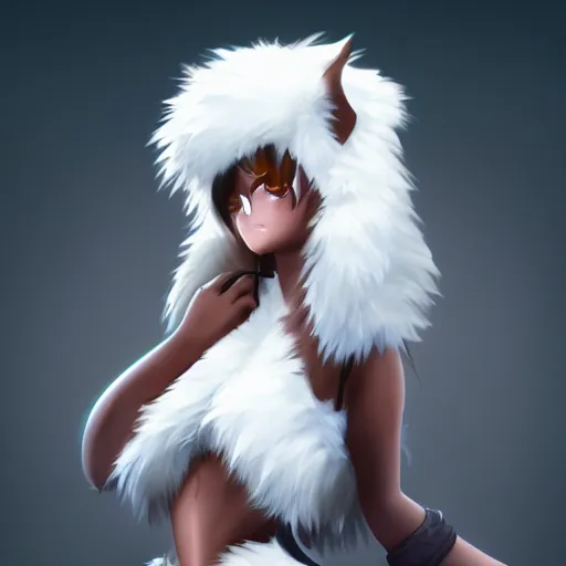 Image similar to cute furry girl with four arms, big fluffy ears, white fur and dark skin, dramatic lighting, cinematic, artstation, anime style