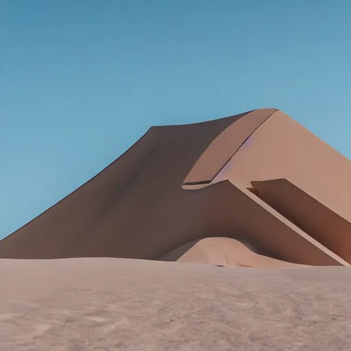 Prompt: a building buried in a desert dune, surreal, neon lights, james turrel, minimalist architecture,