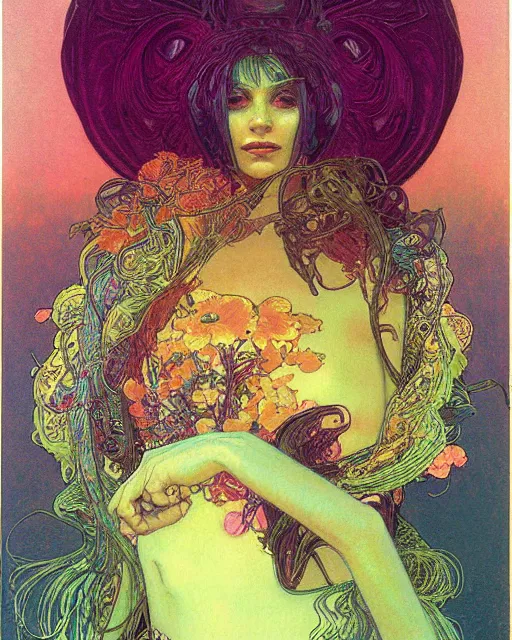 Image similar to rainbow flowerpunk portrait of a strict matriarch by paul lehr, beksinski, alphonse mucha