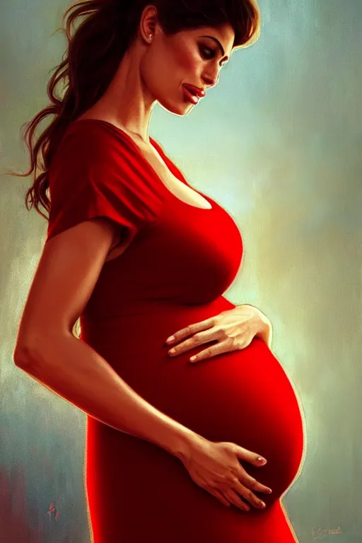 Portrait of a beautiful pregnant woman wearing a saree stock photo - OFFSET