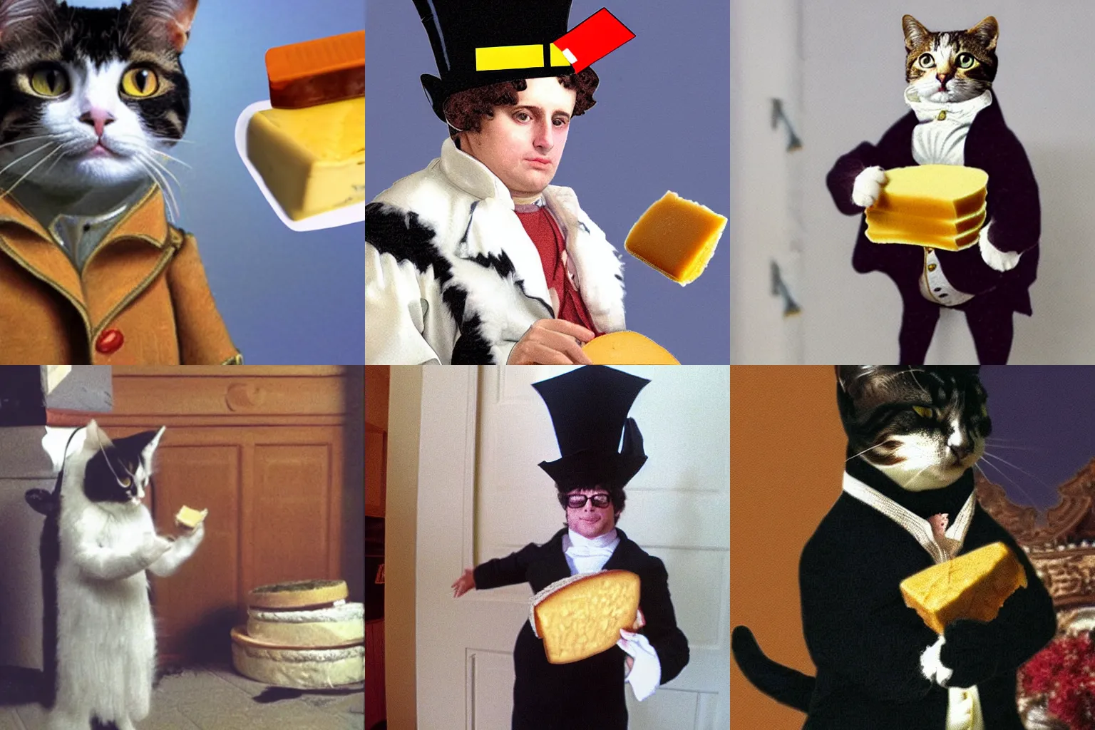 Prompt: a cat dressed as Napoleon holding cheese for N64