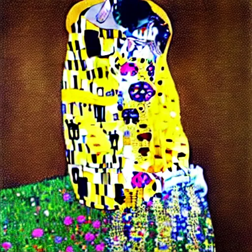 Image similar to The Kiss painting by Gustav Klimt with Pepe Le Pew kissing