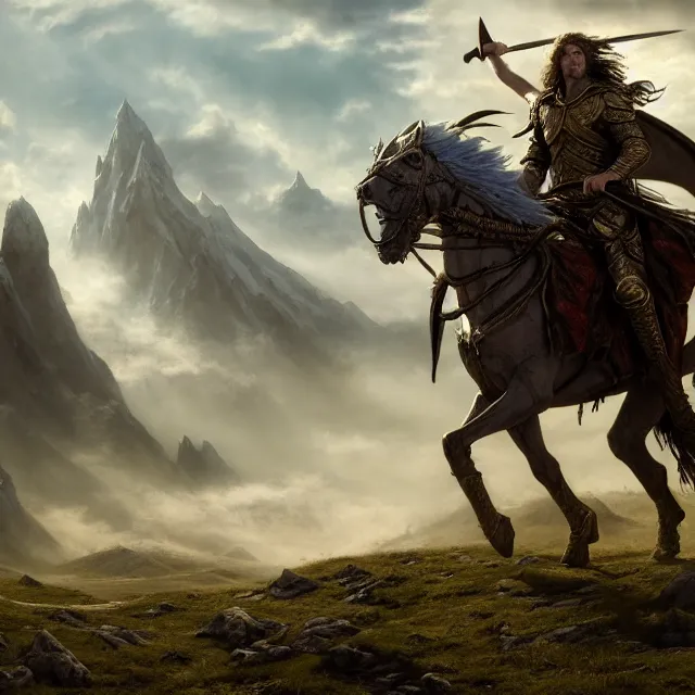 Prompt: a warrior on horseback holding a sword fighting a dragon, fantasy composition, medieval adventurers in lord of the rings scenery landscape, magic portal in the sky, highly detailed, cinematic lighting, perfect composition, 4 k, gustave dore, derek zabrocki, greg rutkowski, belsinski, octane render, dark fantasy, intricate, elegant, highly detailed