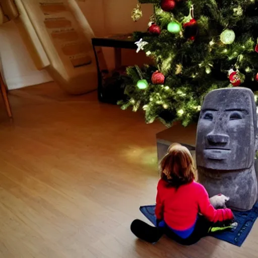 Image similar to a kid at christmas disappointed and sad looking a giant moai statue, his hands buried in his face, sitting down. | inside of a house next to a christmas tree, large opened present box next to the moai