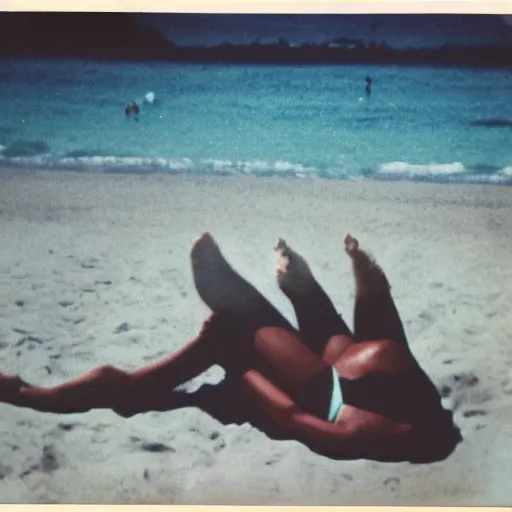 Prompt: sunbathing at the beach, polaroid photograph circa 1970