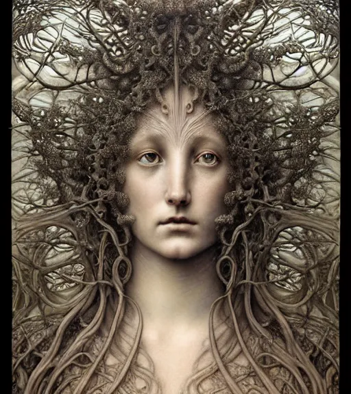 Image similar to detailed realistic beautiful botanical goddess face portrait by jean delville, gustave dore, iris van herpen and marco mazzoni, art forms of nature by ernst haeckel, art nouveau, symbolist, visionary, gothic, neo - gothic, pre - raphaelite, fractal lace, intricate alien botanicals, ai biodiversity, surreality, hyperdetailed ultrasharp octane render