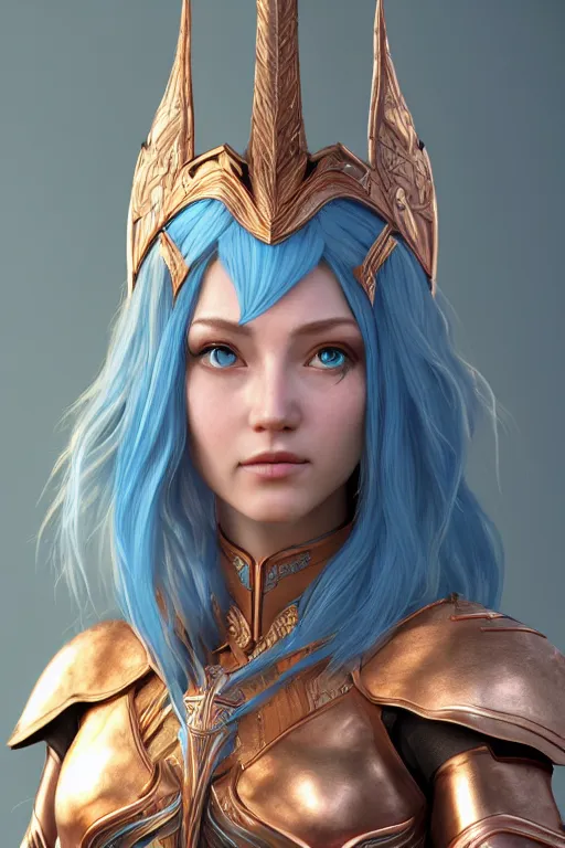 Image similar to a beautiful and highly detailed digital illustration of a female elven paladin with blue hair in rose gold armor, a digital painting by lu ji and huang guangjian, cgsociety, fantasy art, cryengine, concept art, photorealism, daz 3 d, sketchfab, zbrush