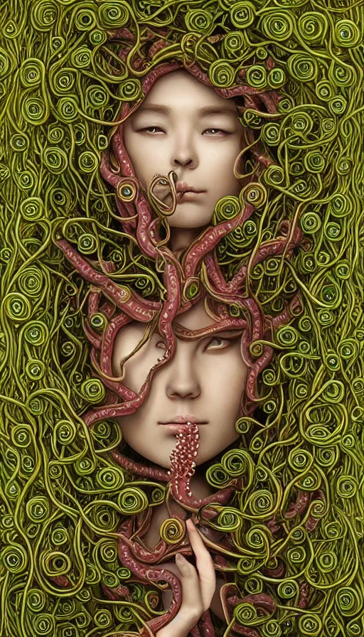 Image similar to very detailed portrait of a 2 0 years old girl surrounded by tentacles, the youg woman visage is blooming from fractal and vines, by naoto hattori