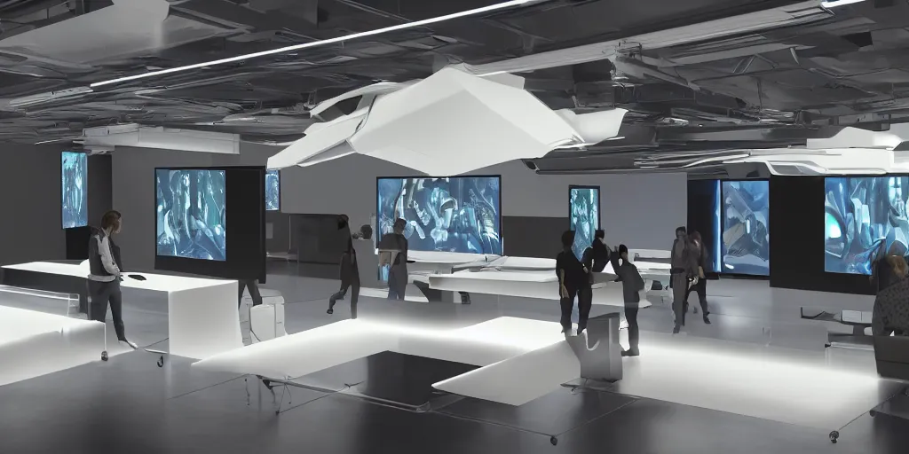 Image similar to stunning futuristic AI lab, projection screens, immersive graphics, holograms, dark room, people using HoloLens