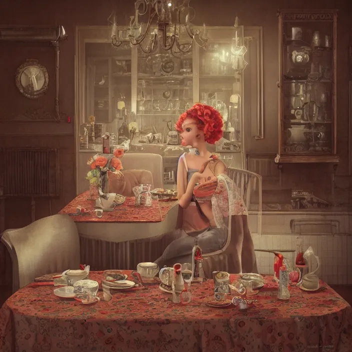 Image similar to portrait of a retro dining room, depth of field, zeiss lens, detailed, symmetrical, centered, fashion photoshoot, by nicoletta ceccoli, mark ryden, lostfish, breathtaking, 8 k resolution, extremely detailed, beautiful, establishing shot, artistic, hyperrealistic, octane render