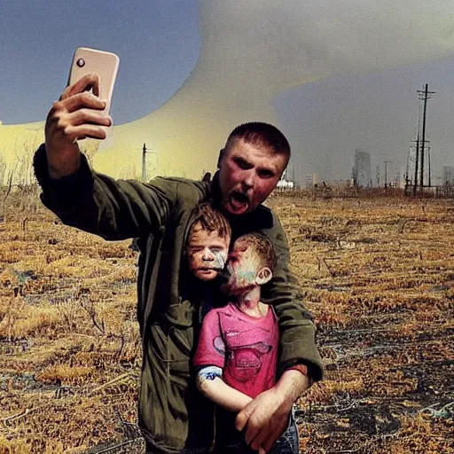 Prompt: radiation eats a ukrainian and his children alive wild pain and desperate selfies, everyone is dressed in dirty blue - yellow rags against the backdrop of a huge nuclear explosion from which the skin has already burned to the bone