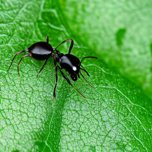 Image similar to robotic ant on a green leaf, macro photography, 8 k, moody lighting, shallow depth of field,